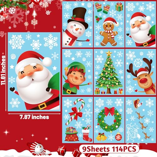 144 PCS Christmas Window Clings, Snowflake Window Clings for Stickers for Glass, Christmas Decorations Decals for Snowman Santa Claus Tree Reindeer Elf Winter Party Accessories Supplies Decor