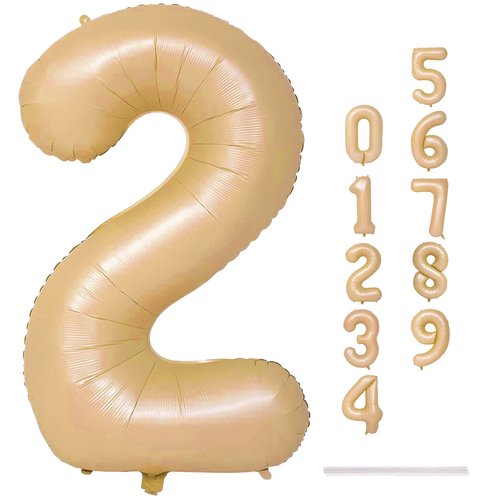40" Neutral Number 2 Balloon for Boys Girls, Large Self Inflating Nude Helium Foil Number Balloons Set 0-9 for Women Men 2nd Birthday Graduation Anniversary Wedding Party Decorations Supplies