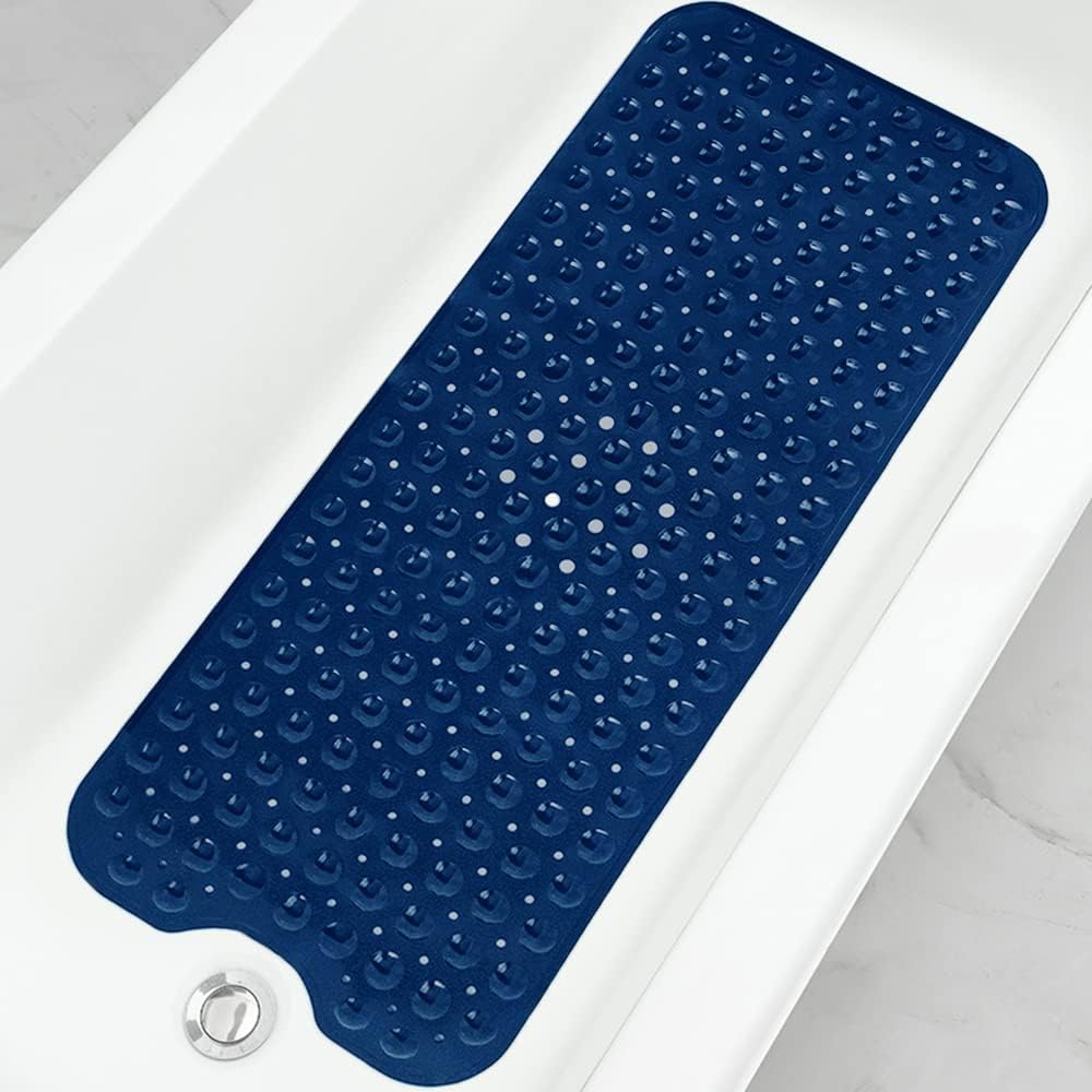 Linoows Non-Slip Bathtub Mat - Extra Long 39 x 16 Inch, Machine Washable with Suction Cups | Navy Blue