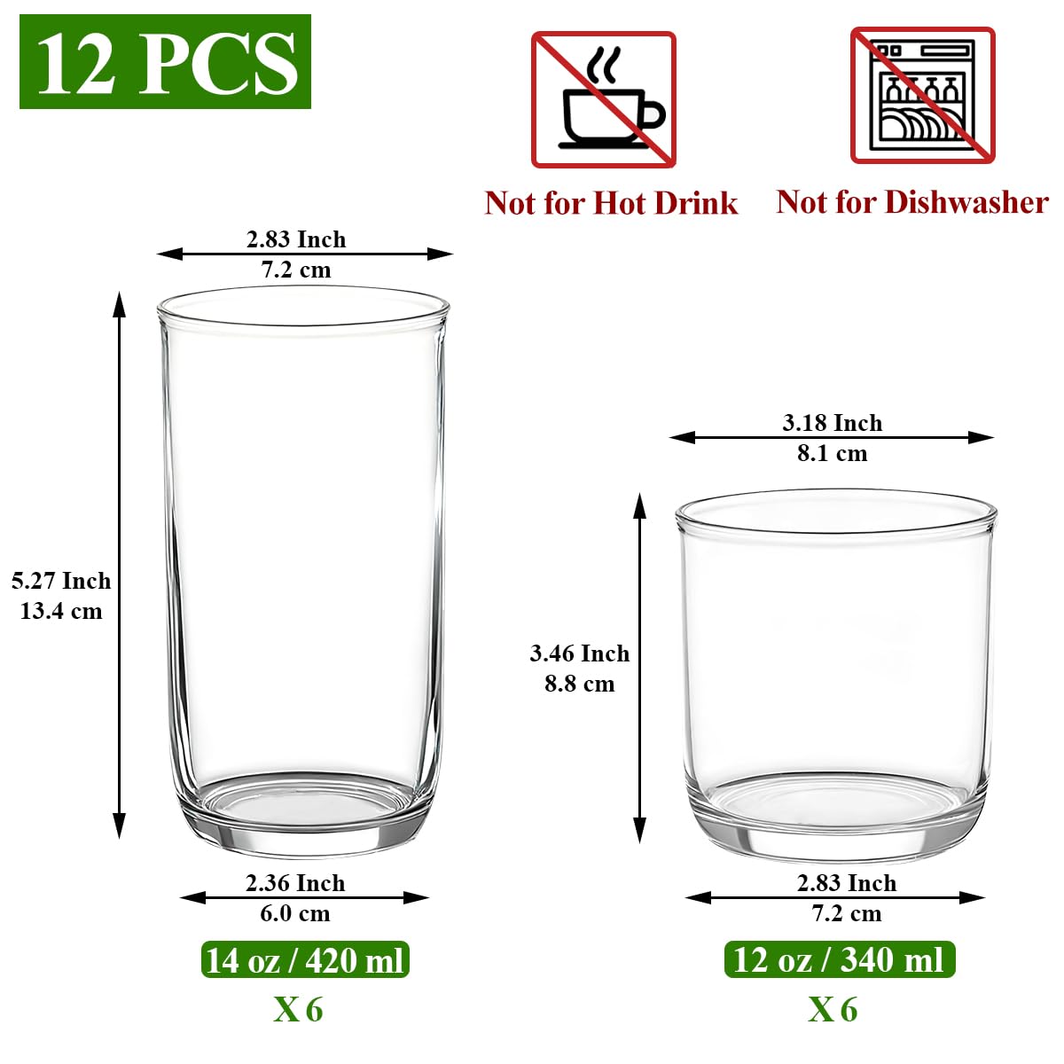Kyraton Drinking Glasses Set of 12, PET Clear Plastic Highball Glasses 14oz & Whisky Cocktail Glasses Set 11.5oz, Heavy Duty Unbreakable Water Glasses Cup Tumbler Glassware for Beer, Juice, Milk