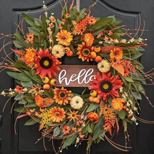 Fall Sunflowers Wreath - 24 Inch Artificial Fall Front Door Decor with Hello Sign