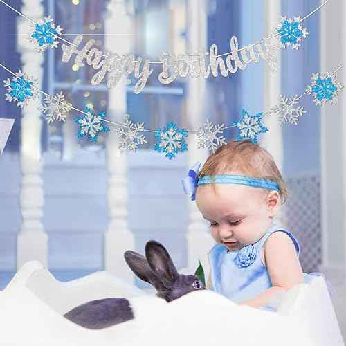 Frozen Snowflake Birthday Decorations Banner Snow Winter Glitter White and Blue Snowflake Happy Banners for Winter Wonderland Party Christmas Birthday Party Supplies Favors