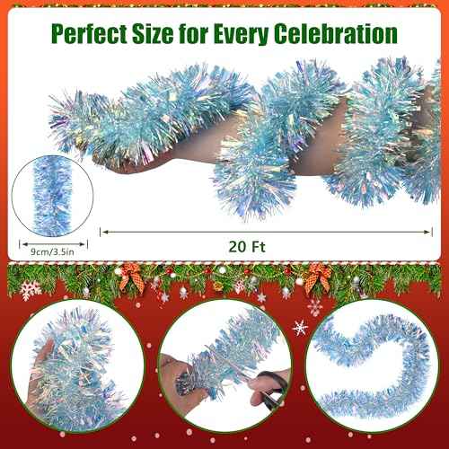 Christmas Tinsel Garland for Xmas, Wedding, Birthday, Home Party Decor, Shiny and Reusable 20 Ft Holiday Christmas Tree Garland Decoration (Light Blue)
