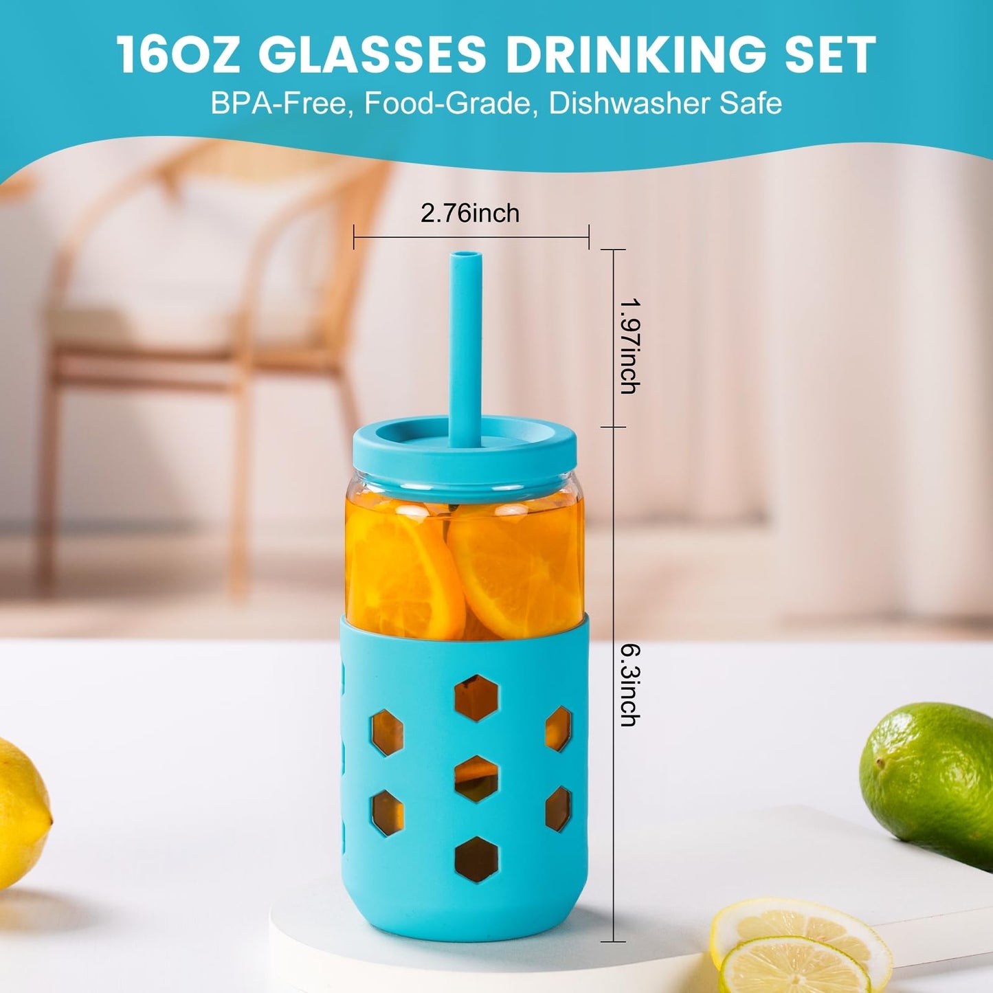 Mrsdry 16 oz Glass Cups With Lids and Straws, 4-Pack Iced Coffee Cup - Smoothie Cup With Silicone Lid and Sleeve for Coffee Bar Accessory, Cute Drinking Glasses Set Reusable Glass Tumbler for Gifts