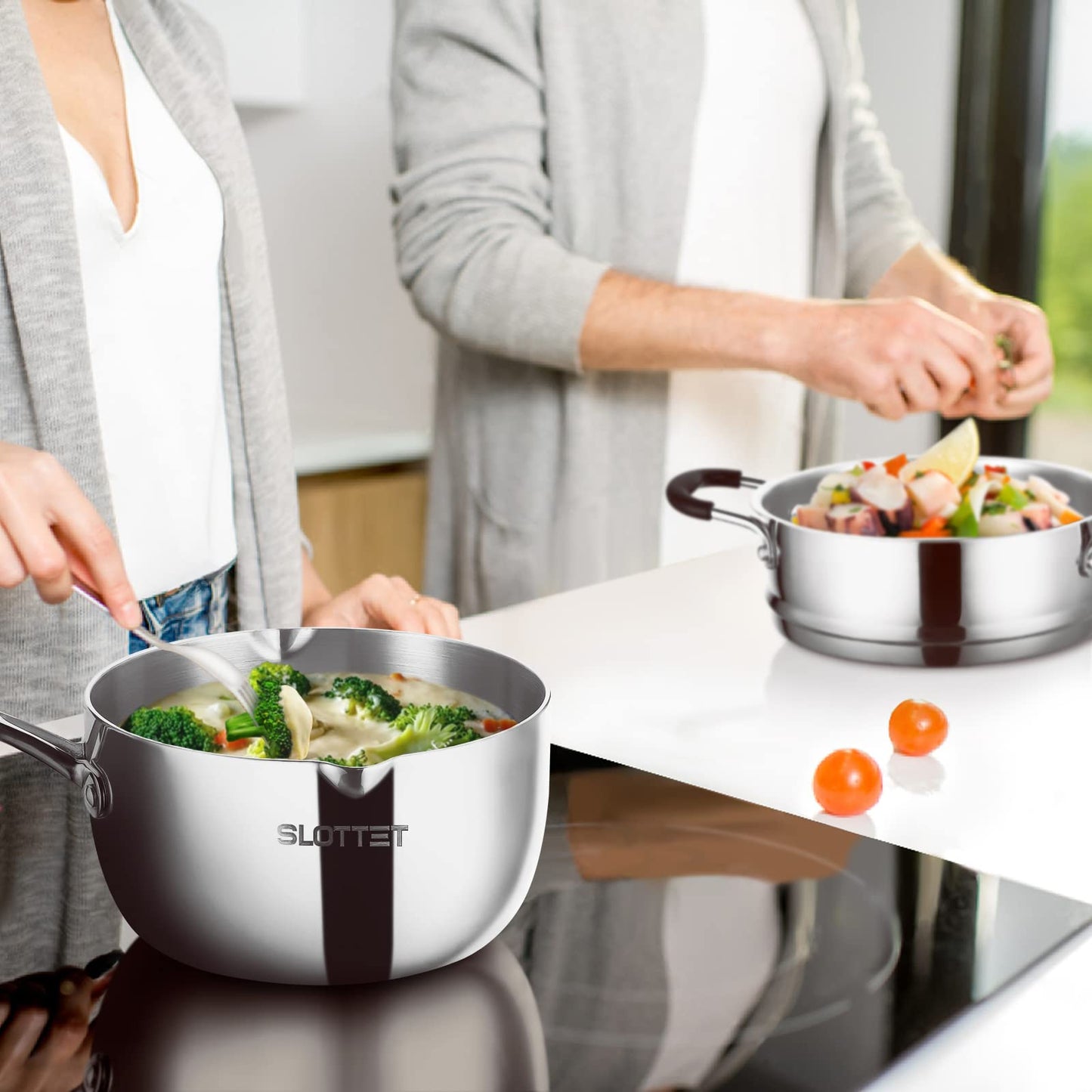 SLOTTET 3.5 Quart Stainless Steel Saucepan with Steamer, Tri-Ply Full Body Small Multipurpose Pot with Pour Spout,Strainer Glass Lid, 3 Qt Sauce Pan for Cooking with Stay-cool Handle.