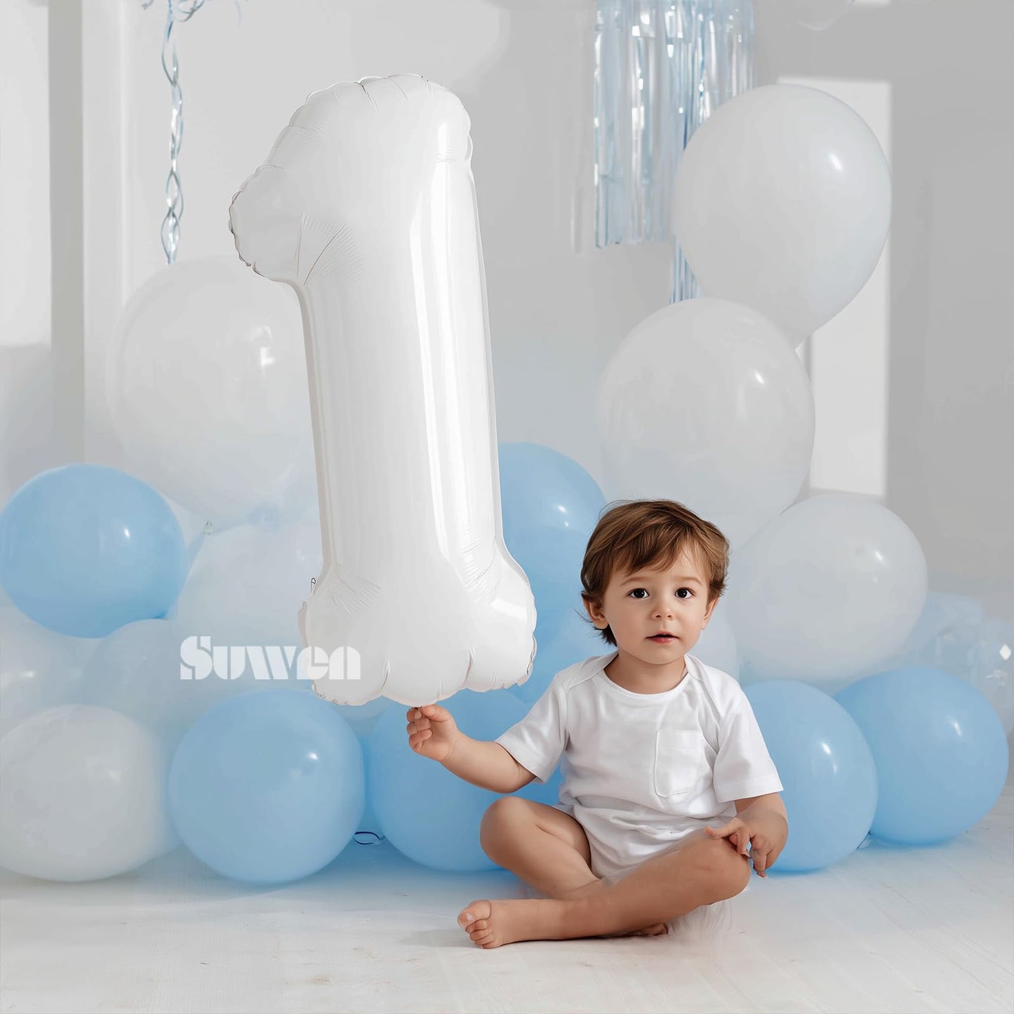 SUWEN 40 Inch White Large 1 Balloon Number Big Foil Helium Number Balloons 0-9 Giant Jumbo Happy 1st Birthday Party Decorations for Boy or Girl Huge Mylar Anniversary Party Supplies