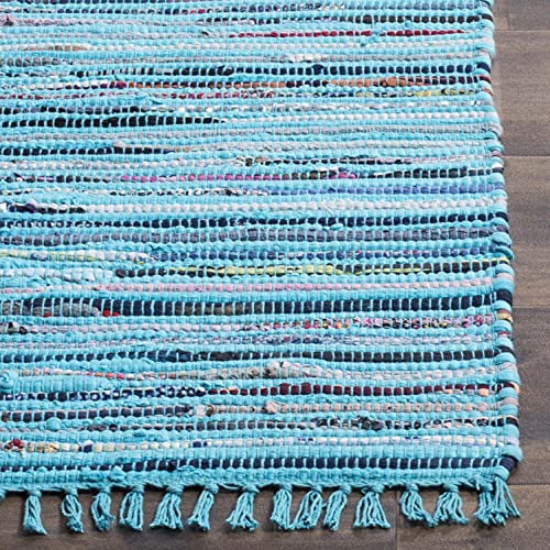 SAFAVIEH Rag Rug Collection 6' Square Turquoise / Multi RAR125C Handmade Boho Stripe Cotton Area Rug
