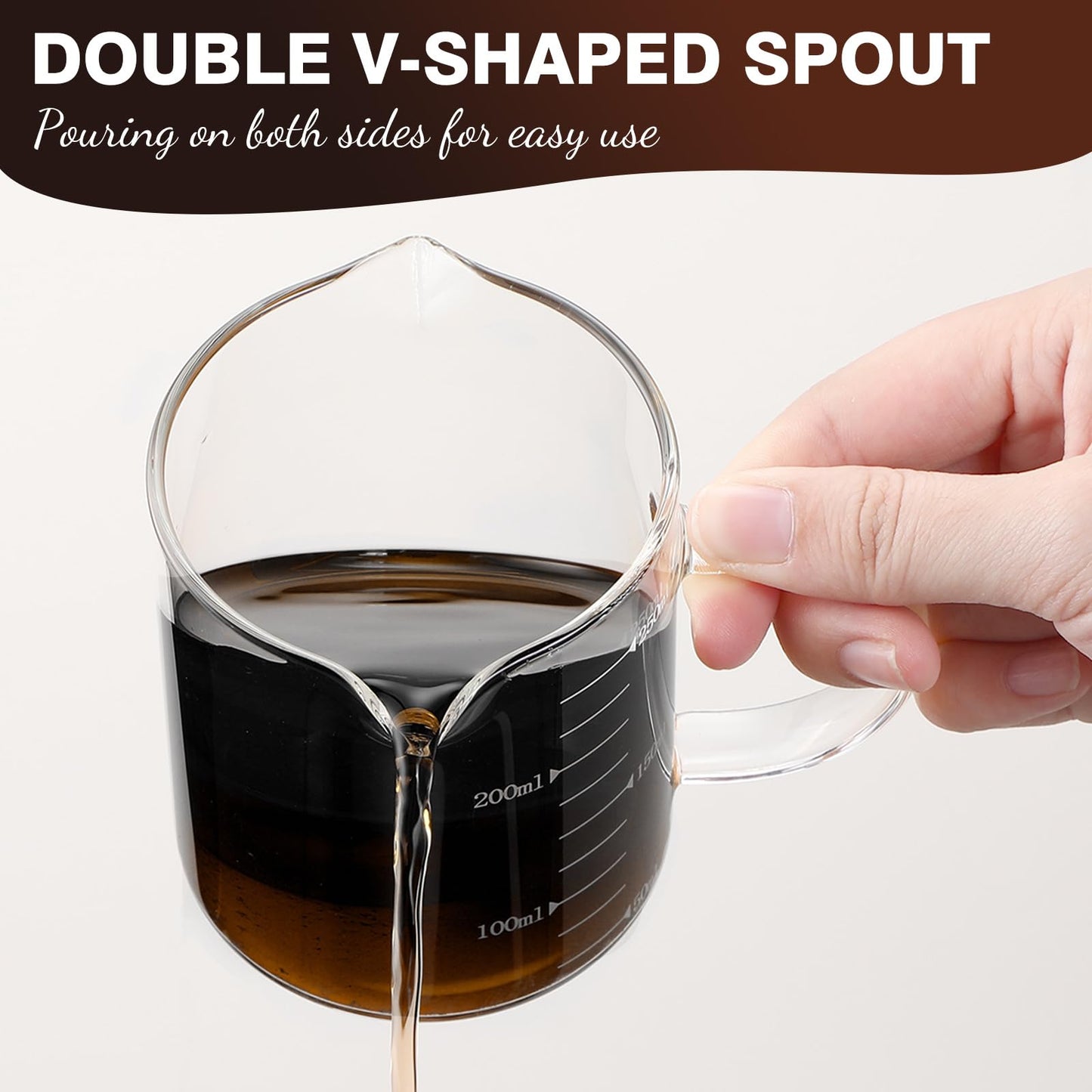 Patelai 2 Pcs 8oz Espresso Cups, Glass Measuring Cups with Double Spouts & Handle, Milk Frothed Cup Coffee Bars Accessories for Machine, Scale Glass Jars for Coffee, Water, Yogurt, Juice, Oil, 250ml