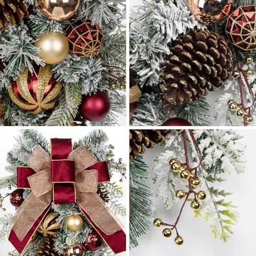 Arborus Burgundy Teardrop Swag 30" Front Door Christmas Decor with Pine Cones & Berry Clusters