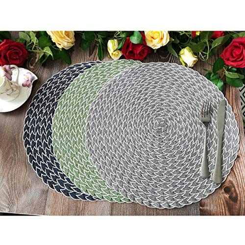 SHACOS Round Placemats Set of 8 Washable 15 inch Round Table Mats Braided Non Slip Fabric Place Mats for Dining Table Indoor Outdoor (Mixed Color Pea Green, 8)