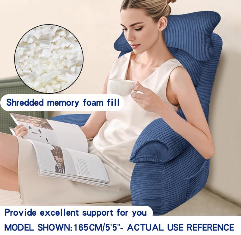Large Blue Reading Pillow for Bed Support with Arms - Adult Bed Backrest for Sitting Up, Gaming, TV