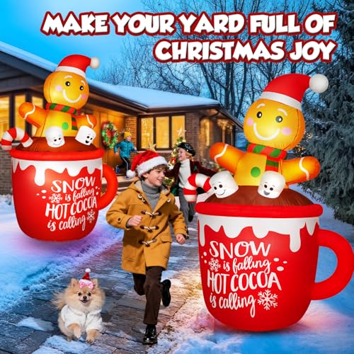 6FT Christmas Inflatable Gingerbread Man in Hot Cocoa Mug with LED Lights Outdoor Decor