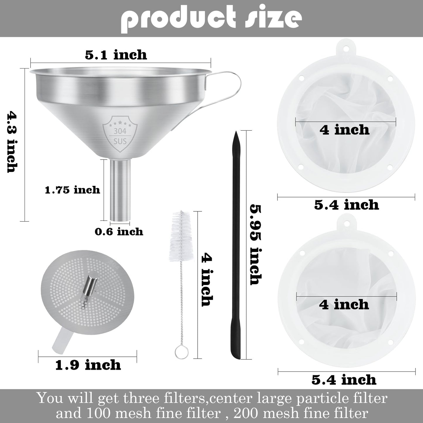 WMKGG 304 Stainless Steel Funnel, 5 Inch Funnels for Kitchen Use Filling Bottles, with 200 Mesh and 100 Mesh Fine Mesh Strainer, for Oils, Juice, Wine, Coffee, Milk, Tea, Powder