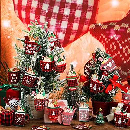 BBTO 36 Pieces Christmas Ornaments Hot Cocoa Wood Buffalo Plaid Coffee Mug with Rope Red Black Hanging Decoration Bar Xmas for Tree Home