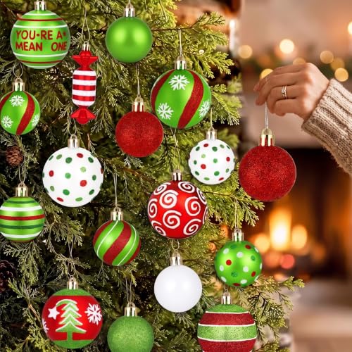 94Pcs Red Green White Christmas Ornament Set with Glitter Berry Stems & Ribbons