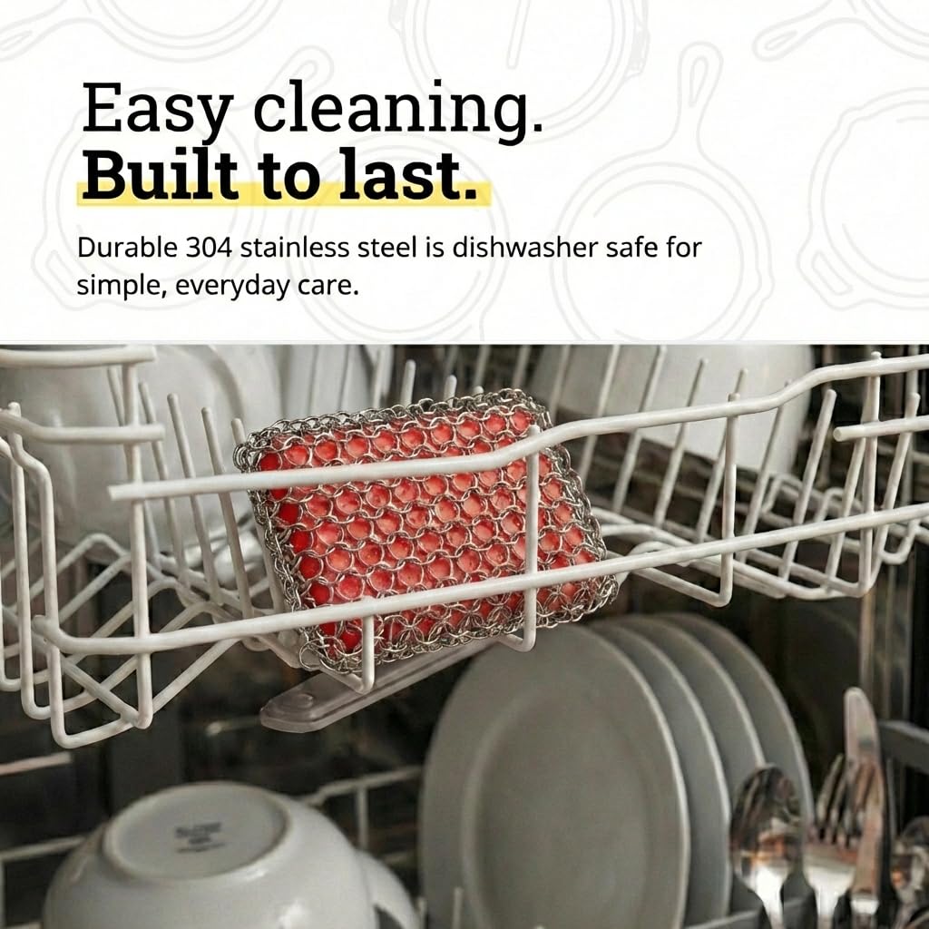 Lodge Chainmail Scrubber for Cast Iron Pans - Heavy Duty Stainless Steel Scrubbing Pad for Skillets, Dutch Ovens & Griddle Pans - Essential Cast Iron Cleaning Tool - Red