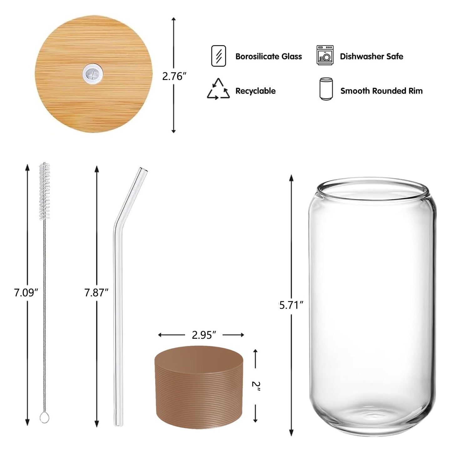 DAMCONME Glass Tumbler with Lid and Straw, 16 oz Reusable Iced Coffee Cup with Bamboo Lid, Brown Silicone Sleeve and Cleaning Brush, for Cold Brew and Iced Drinks, Neutral Coffee Aesthetic