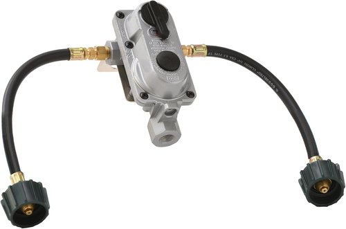 Flame King 2-Stage Auto Changeover LP Propane Gas Regulator - Includes Two 12-Inch Pigtails for RVs, Vans, Trailers
