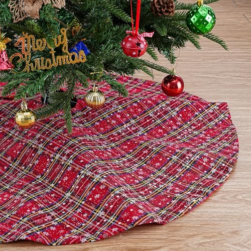 B-COOL Red Green Plaid Snowflake Christmas Tree Skirt 24 Inch - Buffalo Check Holiday Decor