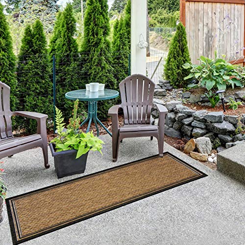 Gertmenian Indoor Outdoor Flatweave Area Rug 2x6 ft Black Tan Stain & UV Resistant
