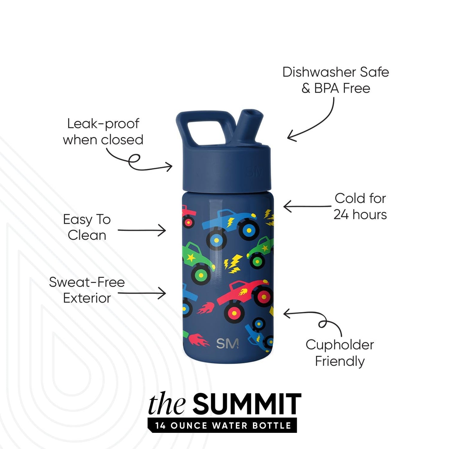Simple Modern Kids Summit Water Bottle with Straw Lid | 14oz Stainless Steel Cup Insulated Tumbler Tumbler for Boys, School | Monster Truck Rally