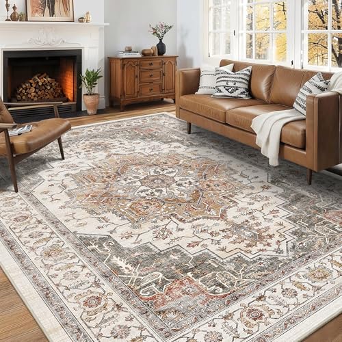 Orange & Gray 6x9 Boho Vintage Area Rug - Washable Non-Slip Living Room Carpet
