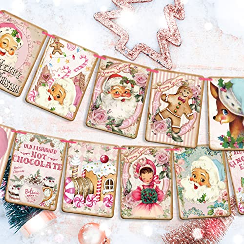 Pink Christmas Banner Garland with Santa, Reindeer & Merry Christmas Letters
