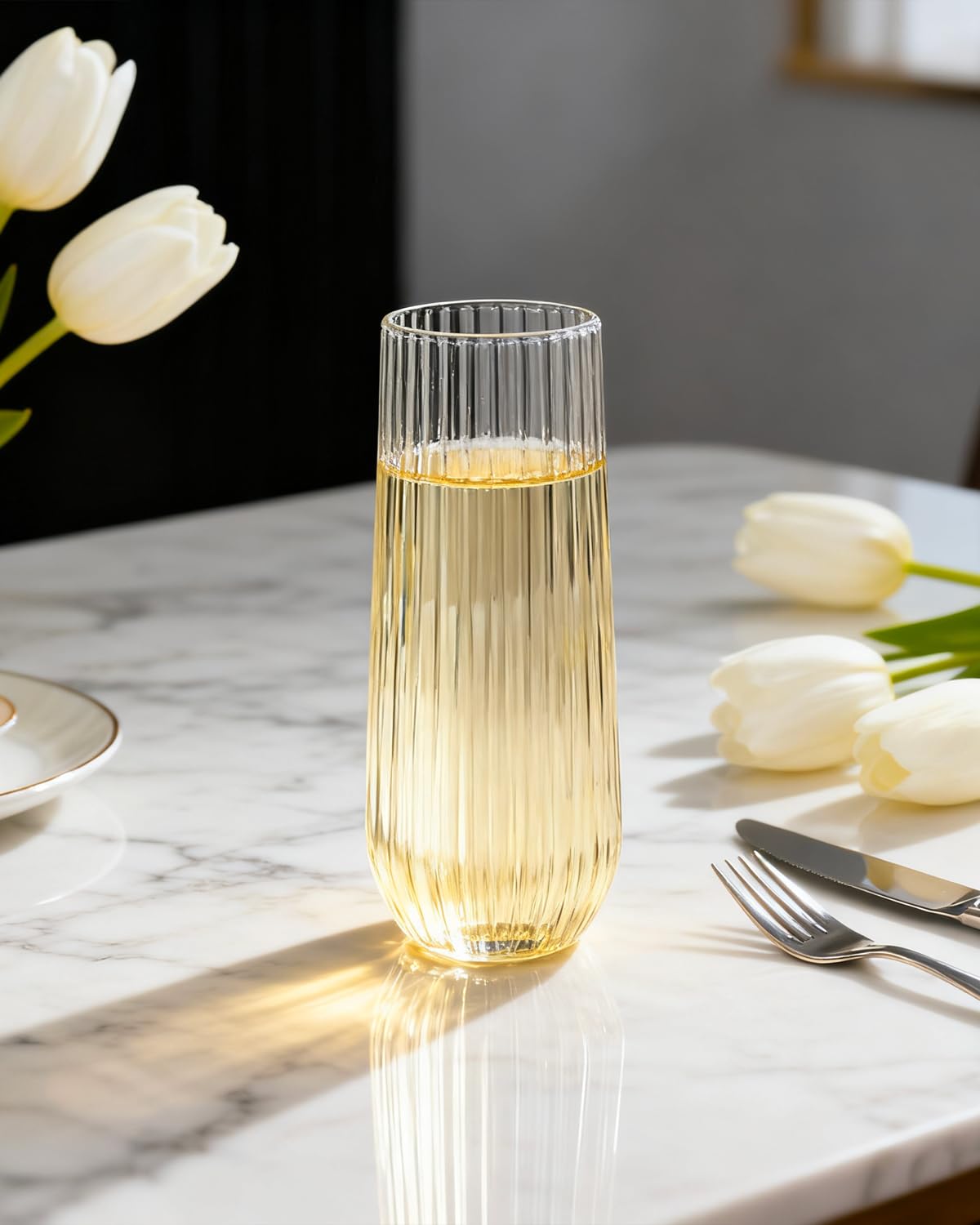 Ciaell 48PCS Plastic Ribbed Champagne Flutes - 9oz Clear Plastic Champagne Glasses - BPA-Free Disposable Shatterproof Toasting Glasses for Weddings, Party, Catering
