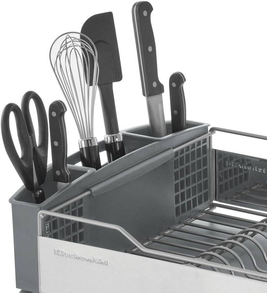 KitchenAid Large Capacity Dish Rack - Rust Resistant with Angled Drain Board & Removable Caddy | Light Grey