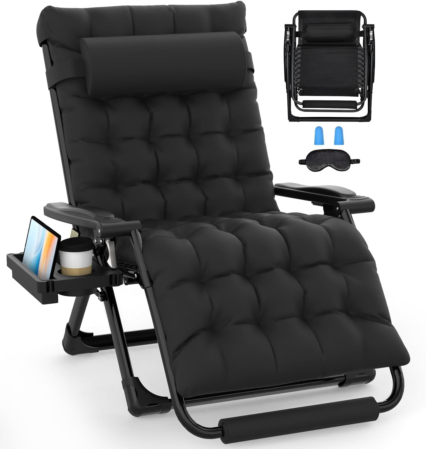 Slendor Oversized Zero Gravity Chair - XXL Padded Lounge Chair with Headrest & Cup Holder | Supports 500lbs, Black