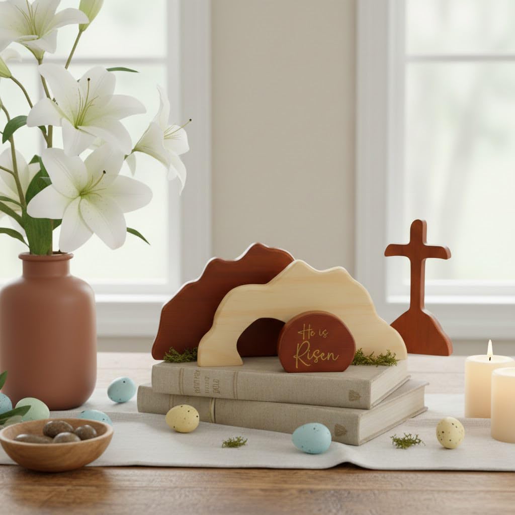 Empty Tomb Scene Spring Easter Decorations, He is Risen Natural Wood Easter Decor, Christian Resurrection Scene, Religious Easter Decorations for Home, Church, Office, He is Risen Table Decor Gifts