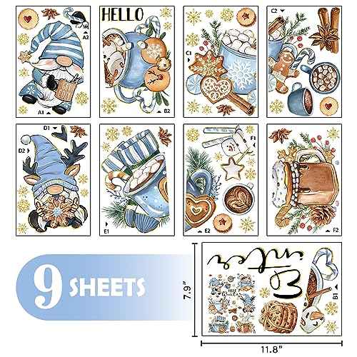 Mfault 145 PCS Hello Winter Gnome Window Clings 9 Sheets, Hot Cocoa Gingerbread Cookies Snowman Wall Stickers Decal Decorations, 2026 New Year Christmas Holiday Living Room Home Kitchen Decor
