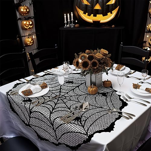 40-Inch Black Lace Spiderweb Tablecloth – Round Halloween Table Topper