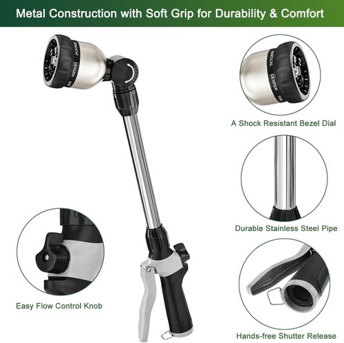 FANHAO Heavy-Duty Watering Wand - 16-Inch Metal Hose Nozzle with 8 Spray Patterns & Thumb Control