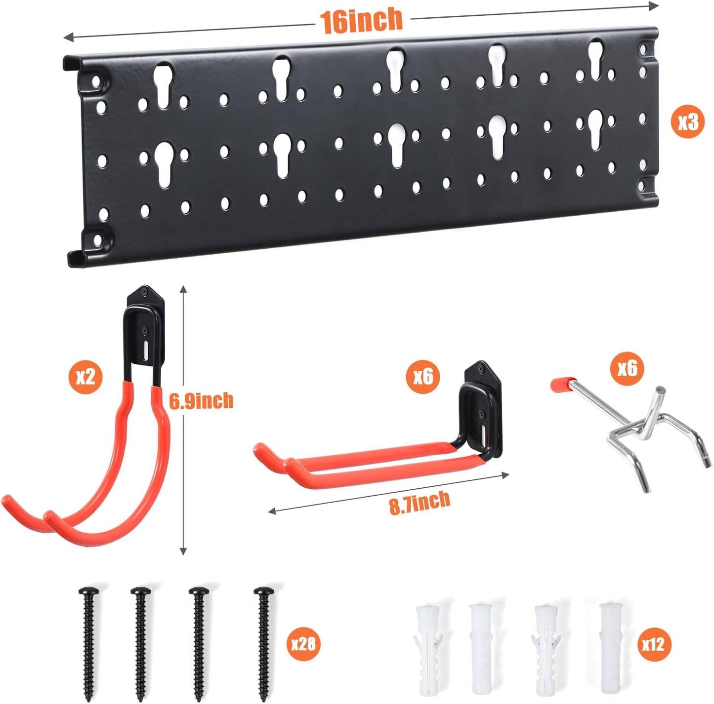 Ultrawall Garage Hooks - Multi-Storage Utility Rack for Garden Tools | 17-Piece Wall-Mounted Organizer
