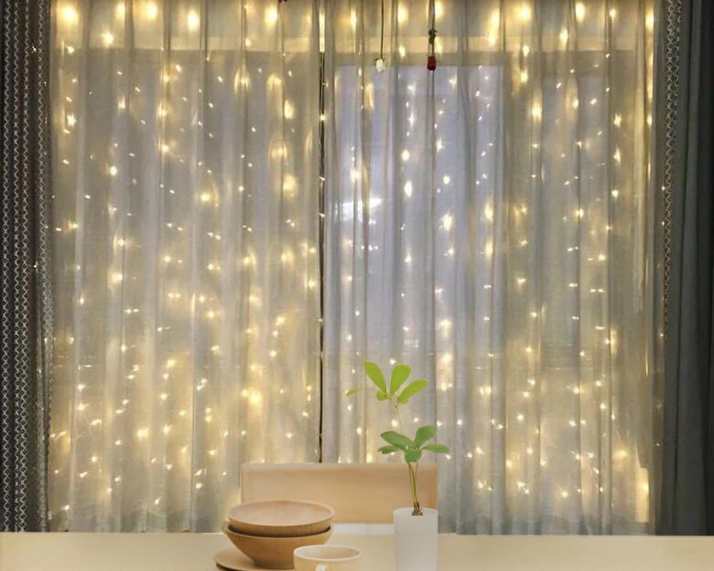 300 LED Twinkle Star Curtain String Lights - Warm White for Wedding, Home & Garden Decor