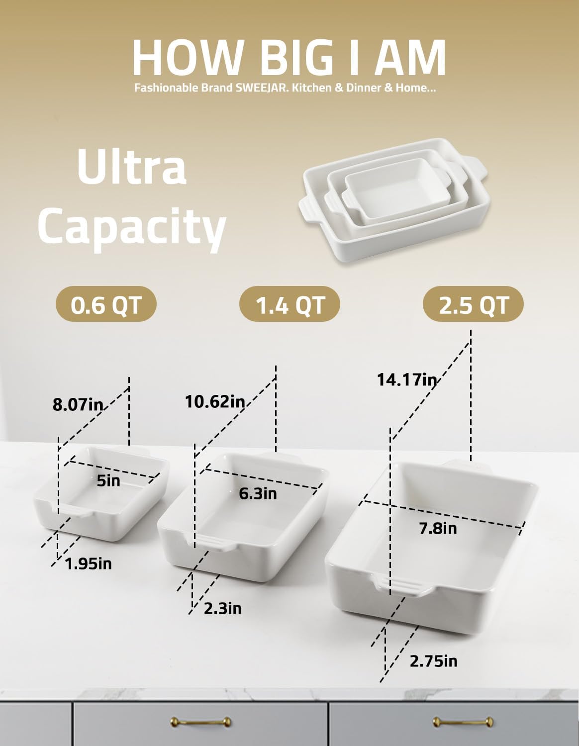 Sweejar Ceramic Bakeware Set - Rectangular Baking Dish for Lasagna & Casseroles | 11.8 x 7.8 x 2.76 Inches (Beige)