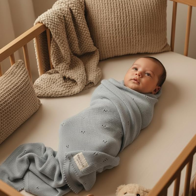 Baby Quilt Blanket - Pointelle Knit Organic Cotton for Boys - Powder Blue - Variation 09