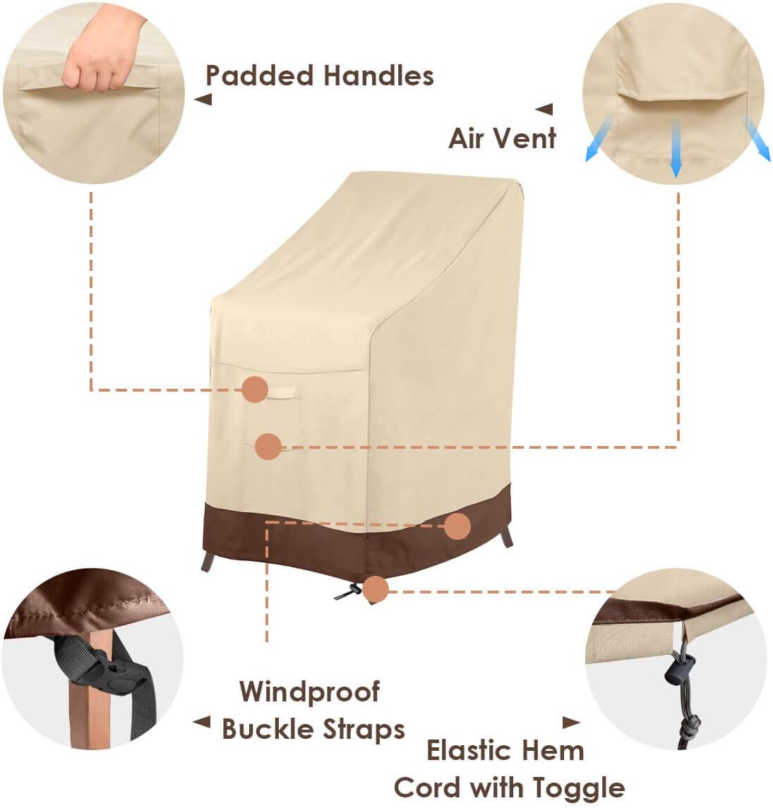 Vailge Waterproof Stackable Patio Chair Cover - Heavy Duty Protection for 4-6 Chairs | 36"L x 28"W x 47"H | Beige & Brown
