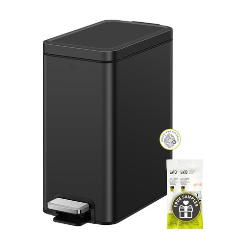 EKO Small Bathroom Trash Can - Soft Close Lid & Step Pedal | 10L Stainless Steel, Matte Black