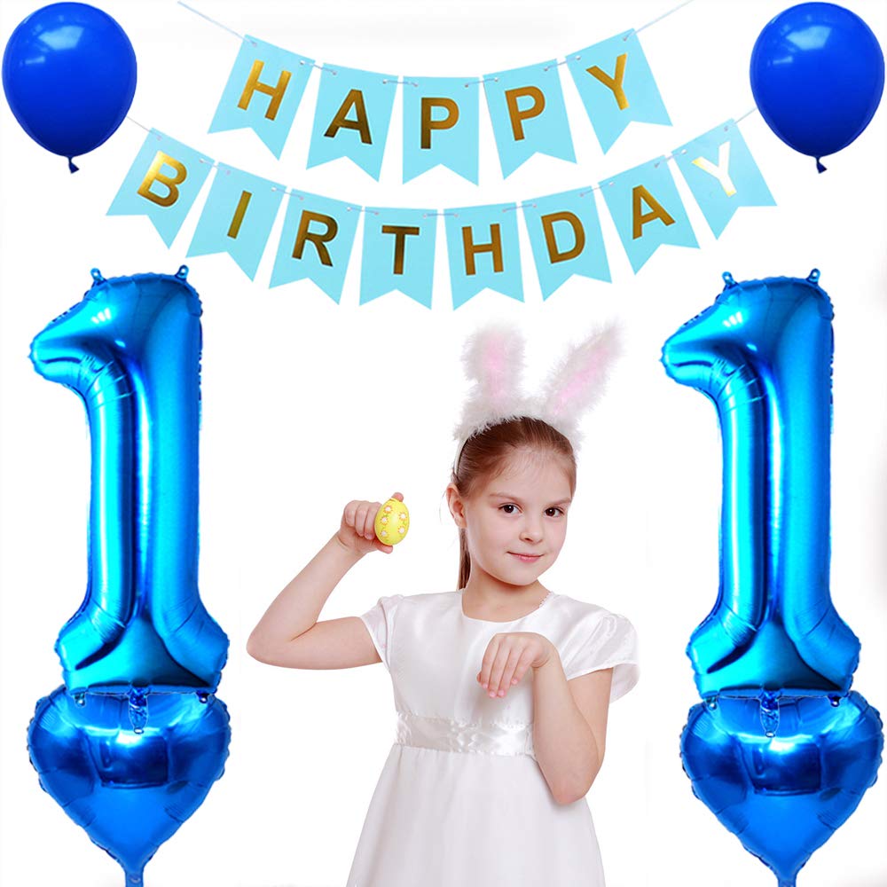 Huture 11th Birthday Party Supplies - Blue & White Foil Balloons, Happy Birthday Banner Kit, Latex Confetti, Star Balloons - Great Gift for Girls & Boys