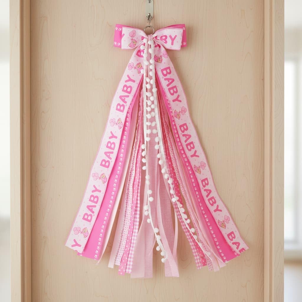 Welcome Home Wreath Bow by Baby Girl - 27.5" Large Pink 11-Layer Ribbon Door Hanger for Nursery Decor