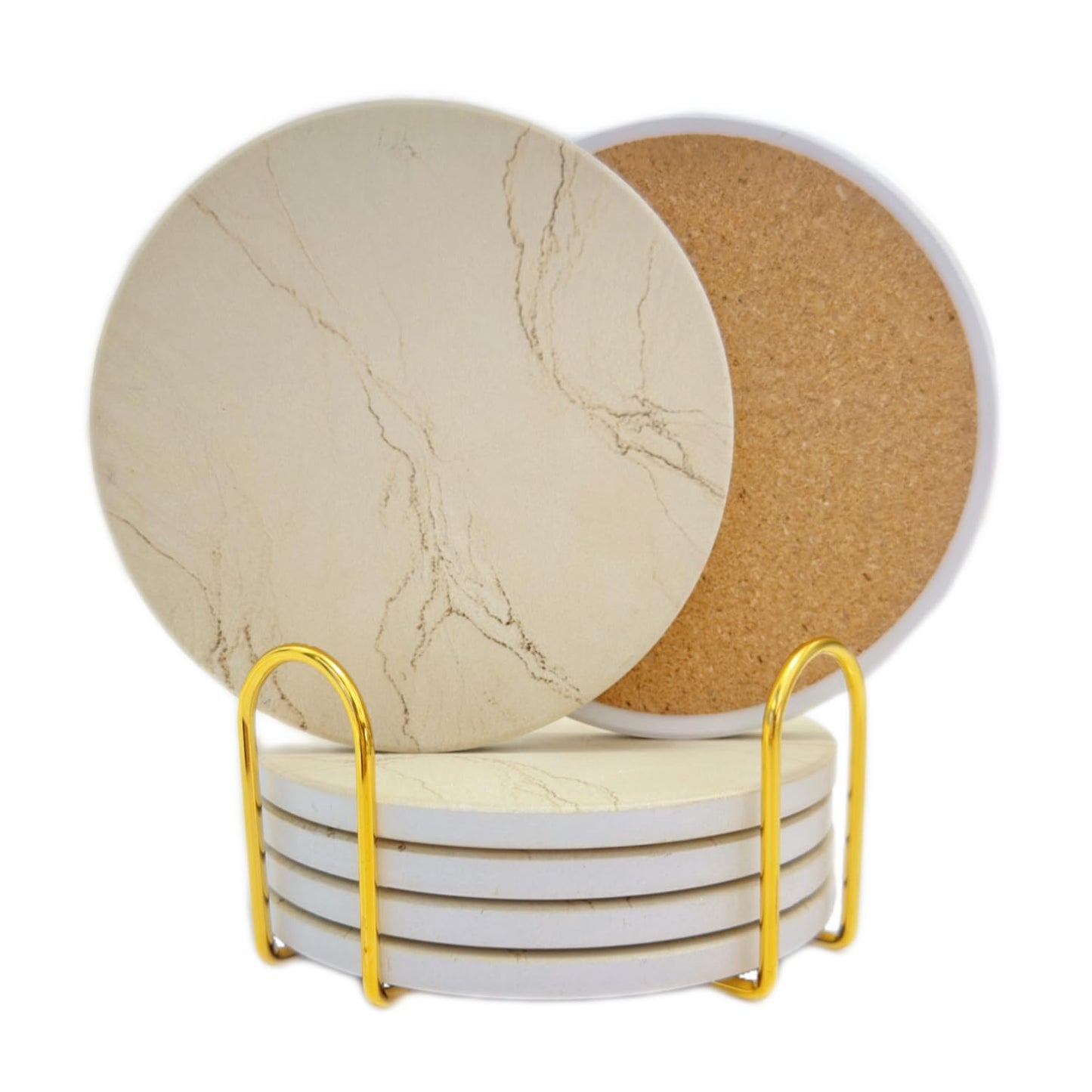 TSOUFAC 6Pcs Drink Coasters with Holder, Marble Style Ceramic Drink Coaster, Absorbent Coasters Set Suitable for Kinds of Cups, Modern Style Coasters for Coffee Table, 4 Inches