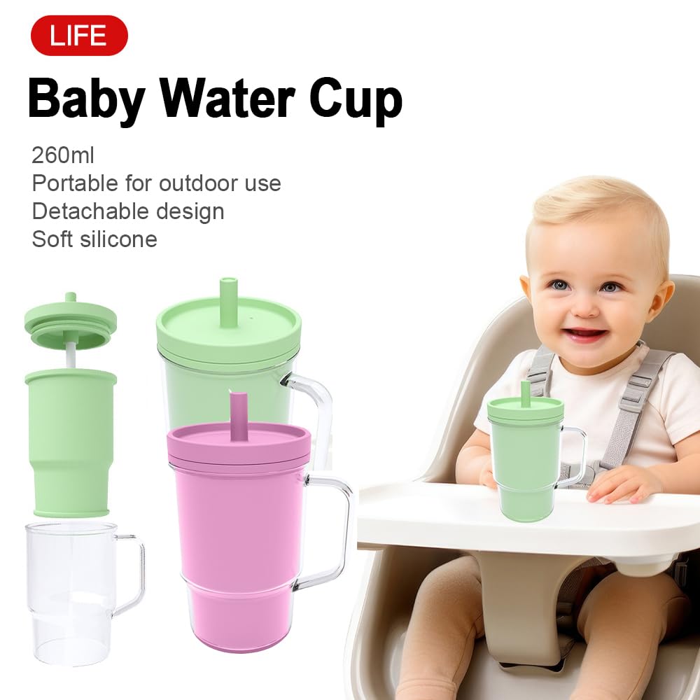 JIUHCORY Kids BPA-Free Plastic Tumbler with Spill Resistant Flexible Straw, Easy to Clean, Kids Water Bottle, Great for Travel, Dishwasher Safe, Orange Peach and Watermelon(1 Green &1 Pink)