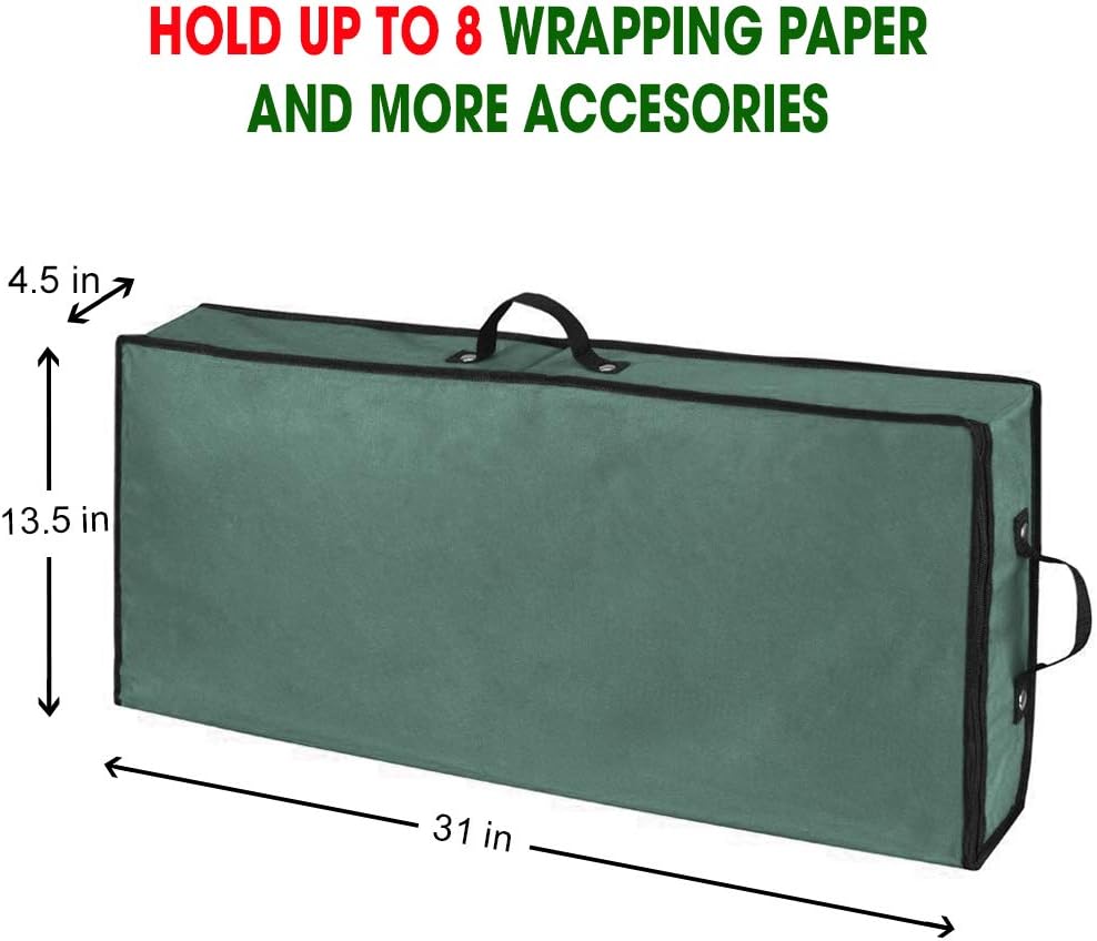 Primode Wrapping Paper Storage Container - Under Bed Organizer for 30-Inch Rolls | 31”x13.5”x4.5” | Durable 600D Oxford Material | Includes Pockets for Ribbons and Bows (Green)