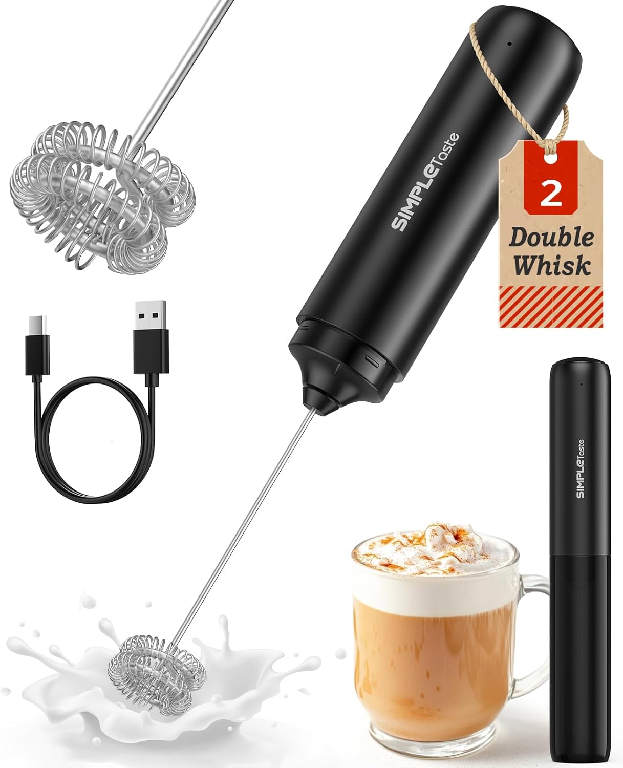 SimpleTaste Handheld Electric Milk Frother - Stainless Steel Whisk for Cappuccino & Latte | USB-C Rechargeable, Black