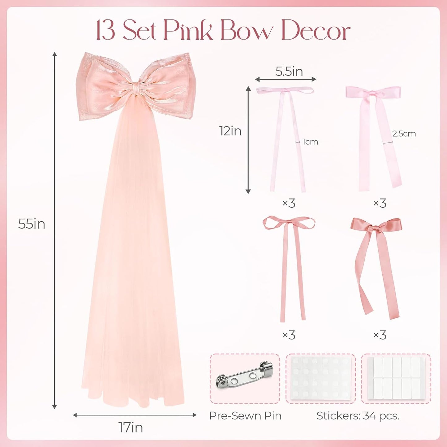 Skiennix 13Pcs Large Pink Pearl Silk Satin Bow Set - 17x55 Inch Giant Bow with 12 Small Satin Bows for DIY Wedding & Baby Shower Decor