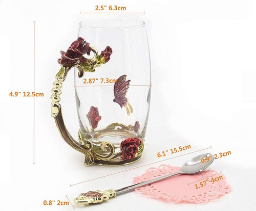 Guon-Wuvl Handicraft Crystal Glass 3D Flower Cups Tea Mug With Tea Spoon Women Coffee, Tea, Juice, Beer, Milk Hot And Cold Drinks Use Gift Package. (Red Rose-Tal)