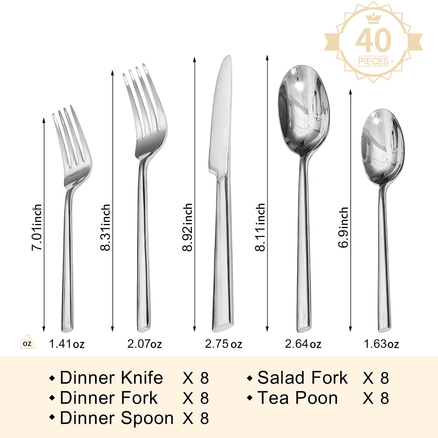 KINGSTONE Silverware Set, 40-Piece Forged Flatware Cutlery Set Premium Stainless Steel, Service for 8, for Home, Wedding, Party,Gift, Mirror Polished and Dishwasher Safe