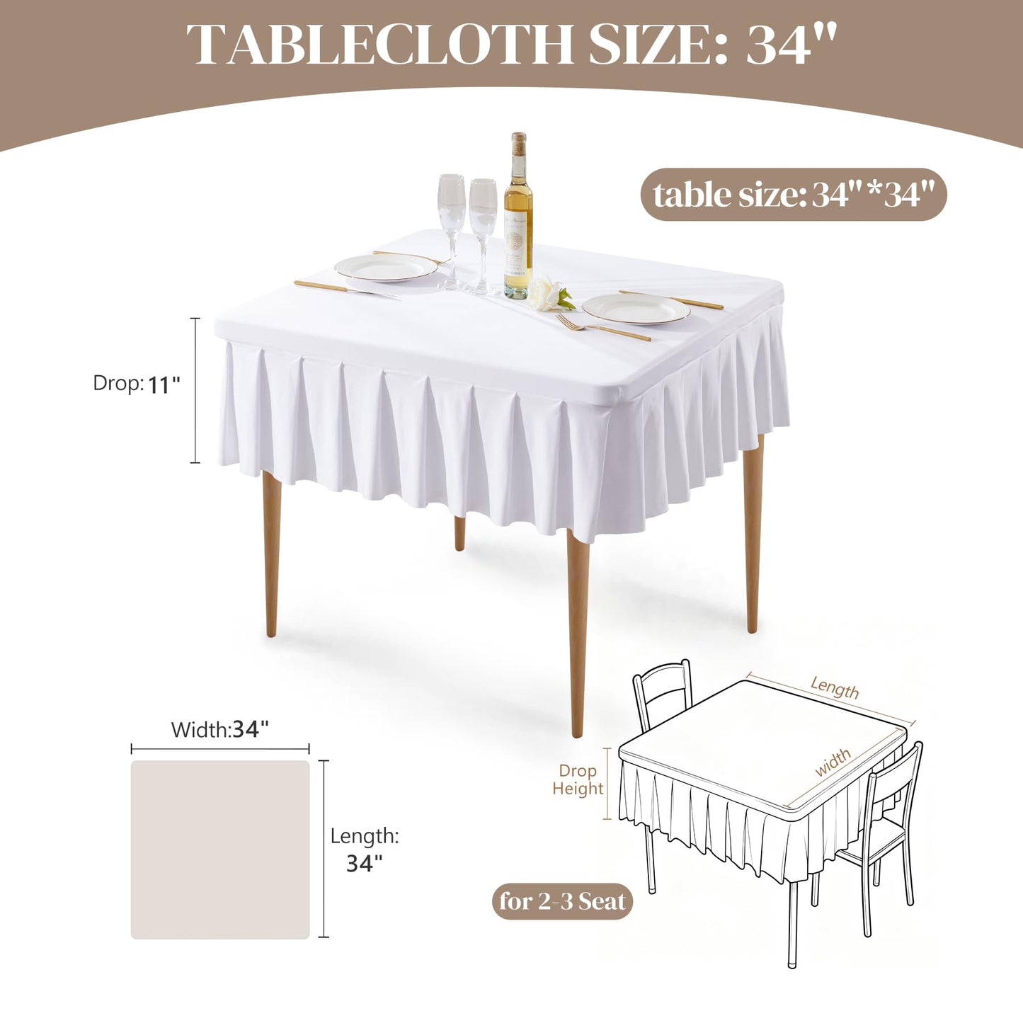 White Spandex Tablecloths for 34x34 Inch Square Tables, Stretch Fitted Table Clothes with Pleated Ruffle Skirt for 34” Table, Wrinkle Free and Elastic, for Party Kitchen Home Dining Outdoor Patio